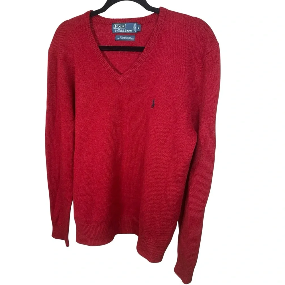 Polo Ralph Lauren Lambswool V-Neck Sweater Classic Preppy Classic Red M - Picture 4 of 7